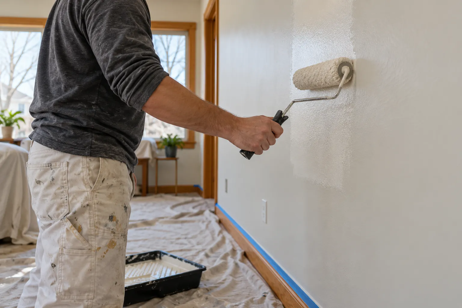 Interior wall being painted with a roller in a protected work area